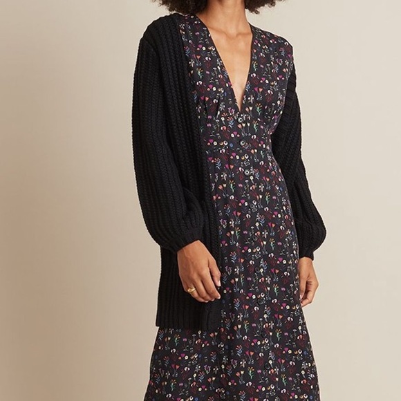 Marine Layer Isabella Button Front V-Neck Retro Midi Dress in Black Floral Print - Picture 6 of 16